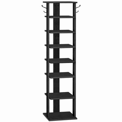 Black wooden shelf with multiple shelves and hooks on a white background