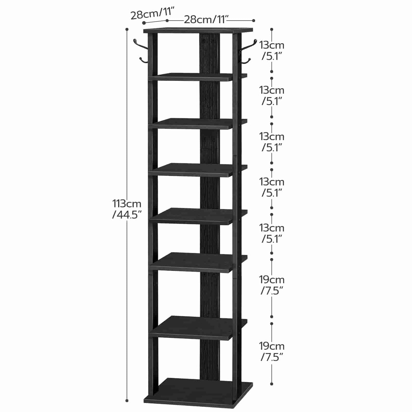 Black bookshelf with measurements on a white background