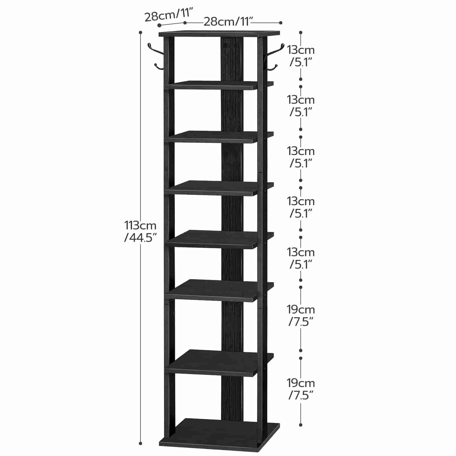Black bookshelf with measurements on a white background
