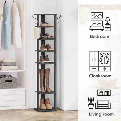 Tall black shoe rack with shoes in a room setting, labeled for bedroom, cloakroom, and living room use.