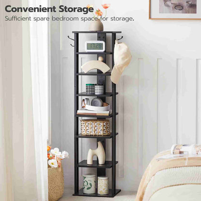 Tall black storage shelf in a bedroom with various items on shelves.