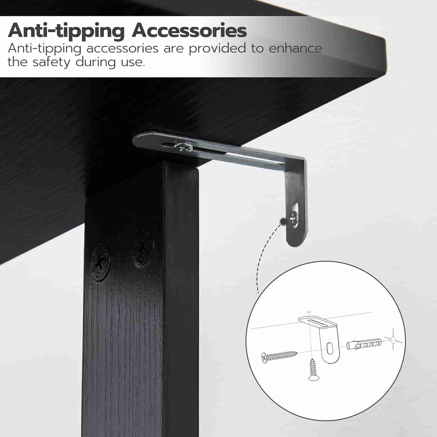 Anti-tipping accessory attached to a black metal stand with text explaining its safety benefits.
