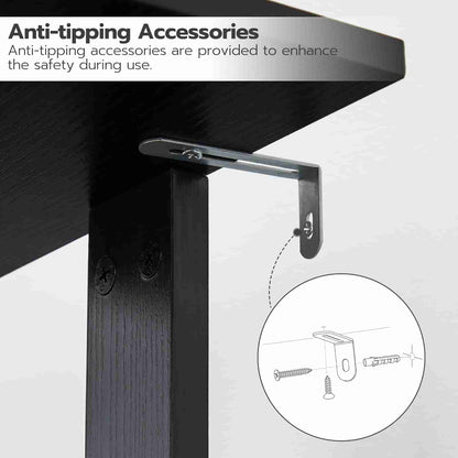 Anti-tipping accessory attached to a black metal stand with text explaining its safety benefits.