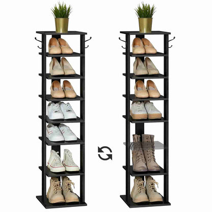 Black shoe rack with various shoes on white background
