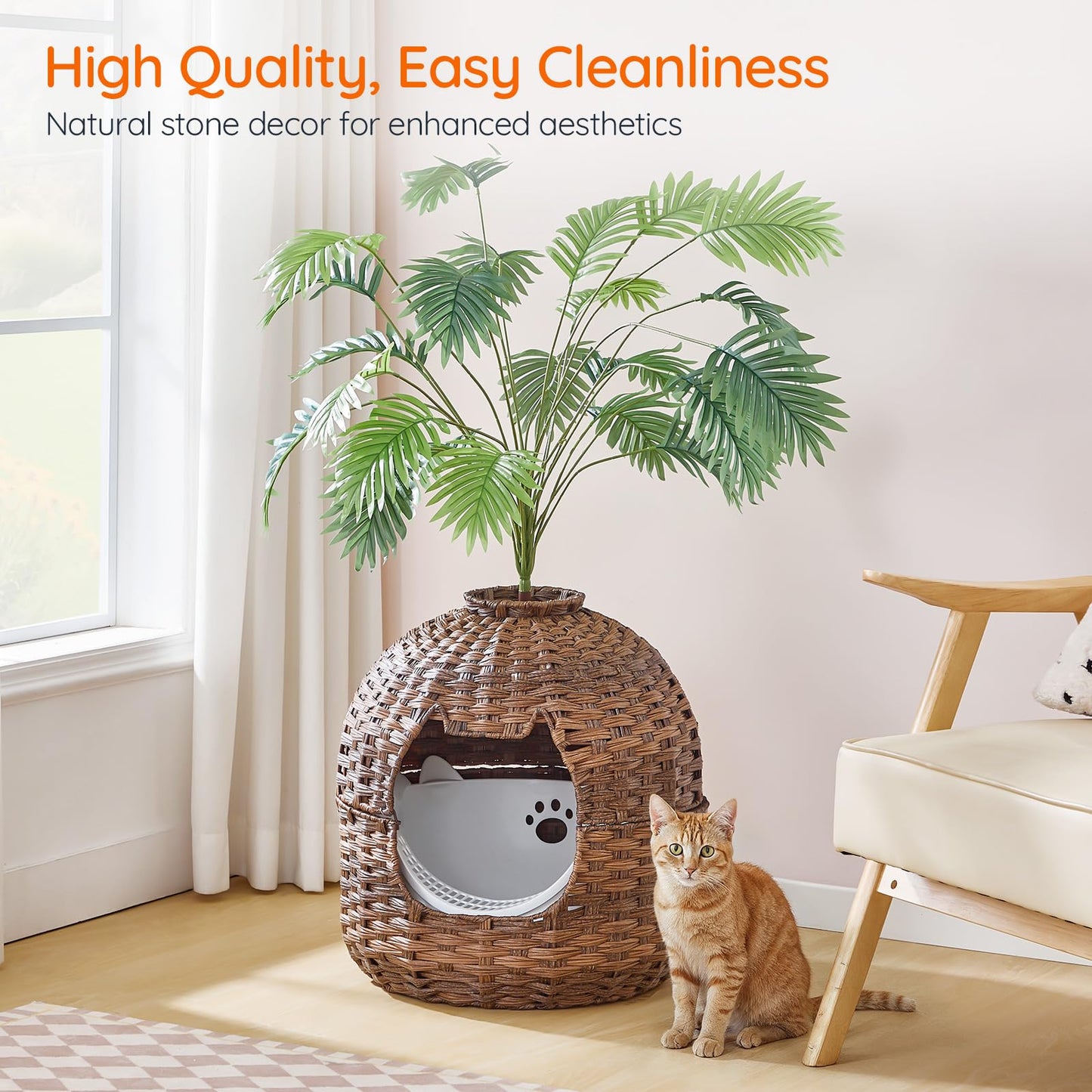 Cat house with plant inside, cat sitting next to it in a room with a window and chair.