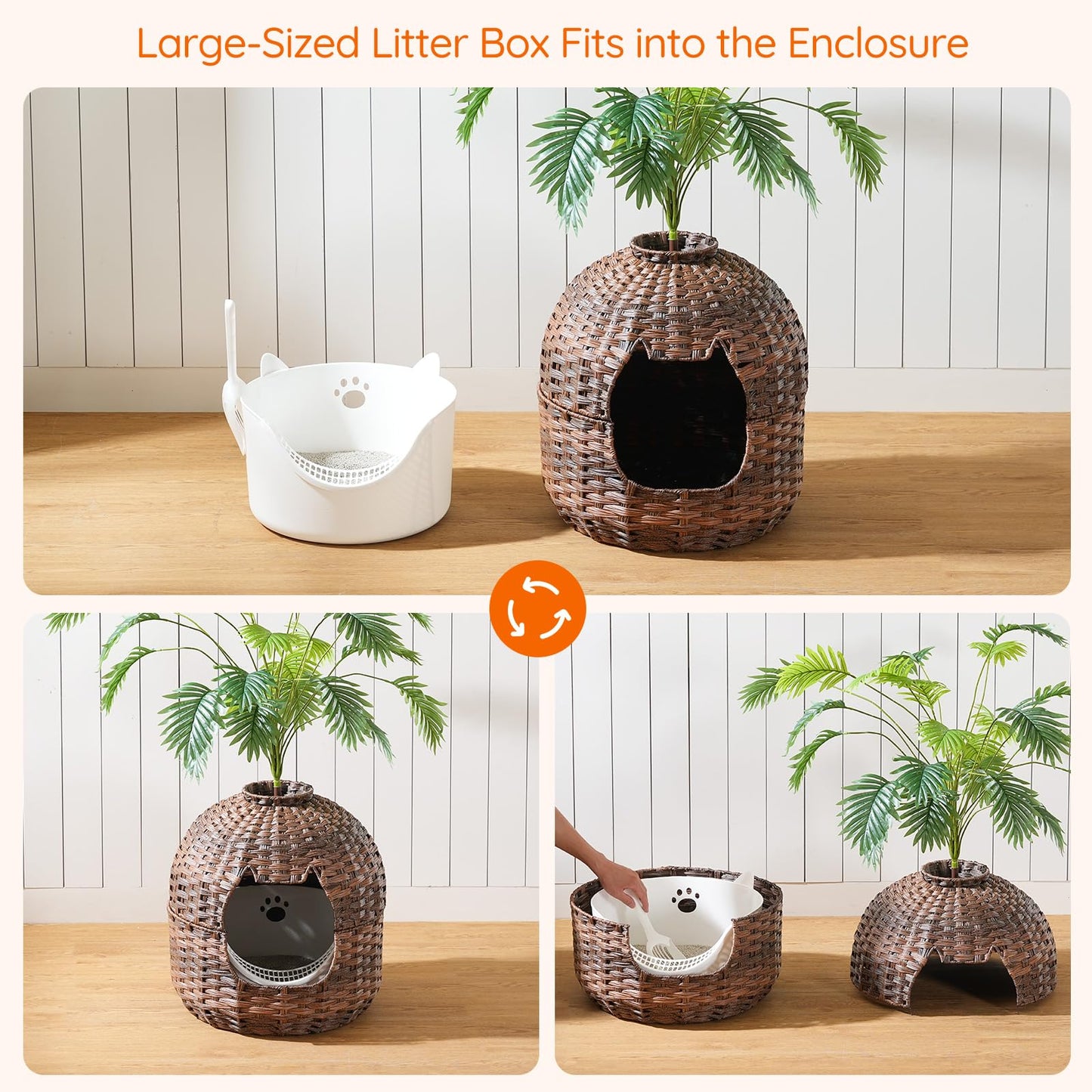 Wicker pet enclosure with cat face design on a wooden surface, featuring a white litter box.