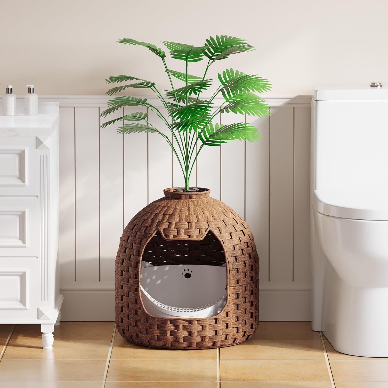 Woven cat house with a plant on a bathroom floor