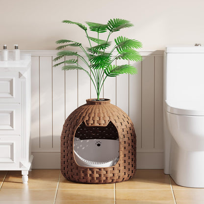 Woven cat house with a plant on a bathroom floor