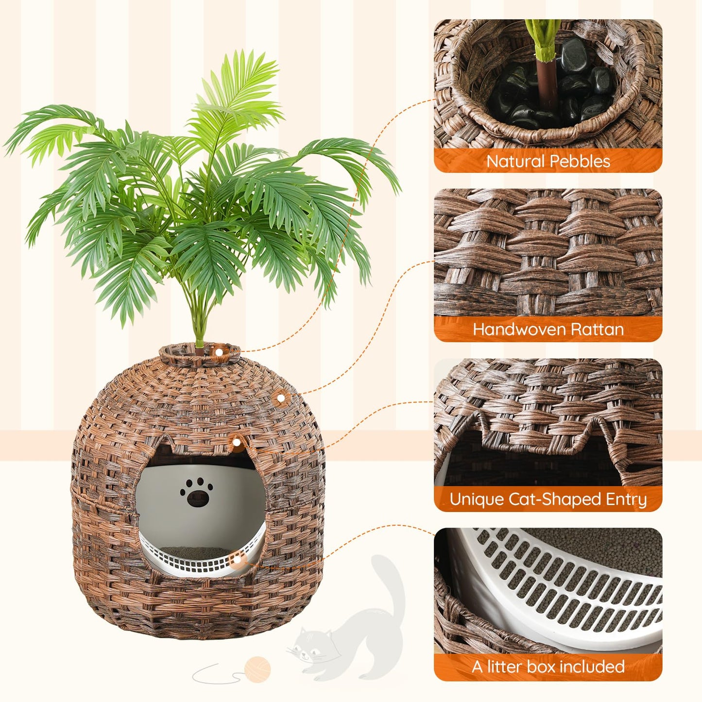 Wicker cat litter box with plant, natural pebbles, and handwoven rattan design.