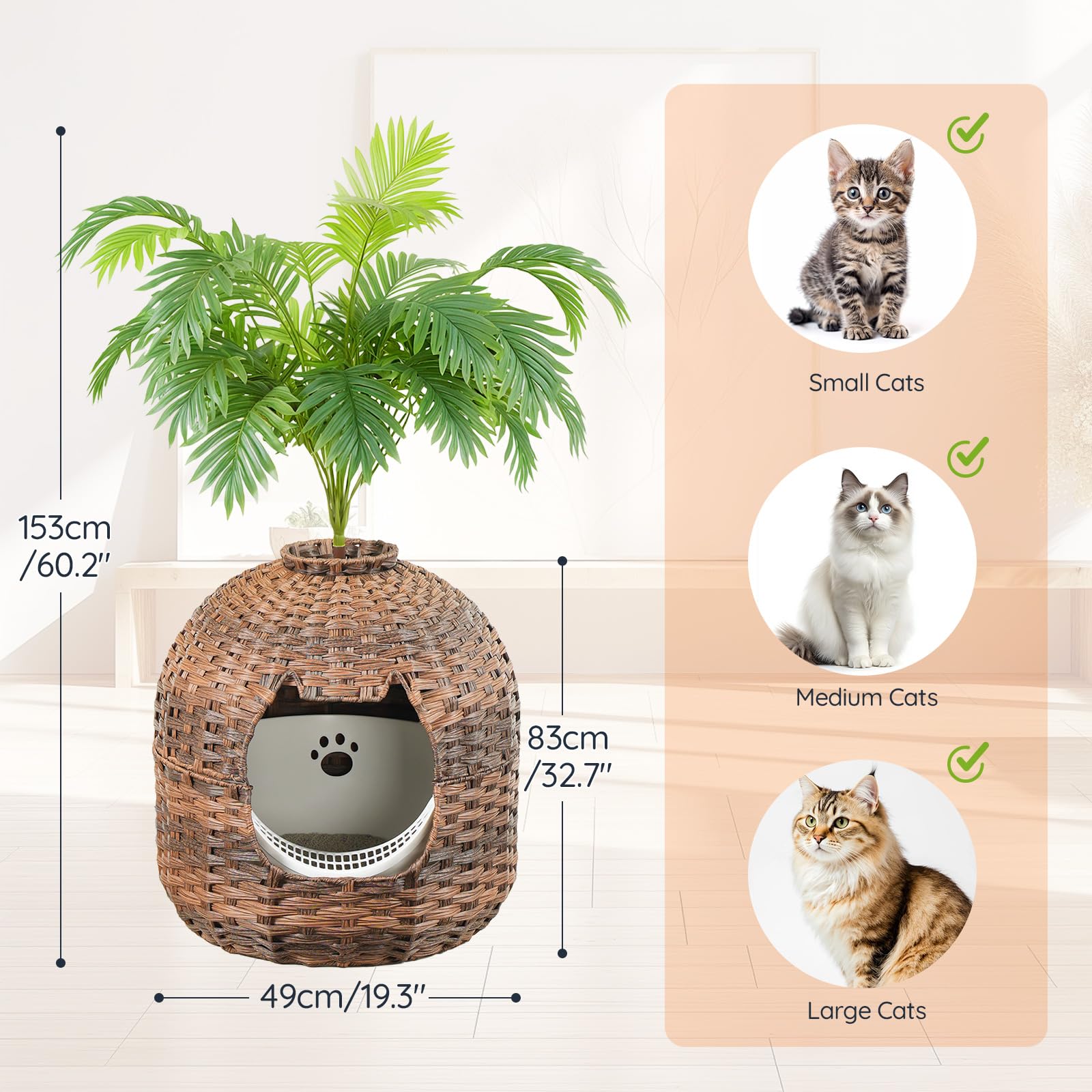 Wicker pet house with plant, dimensions, and size chart for cats.