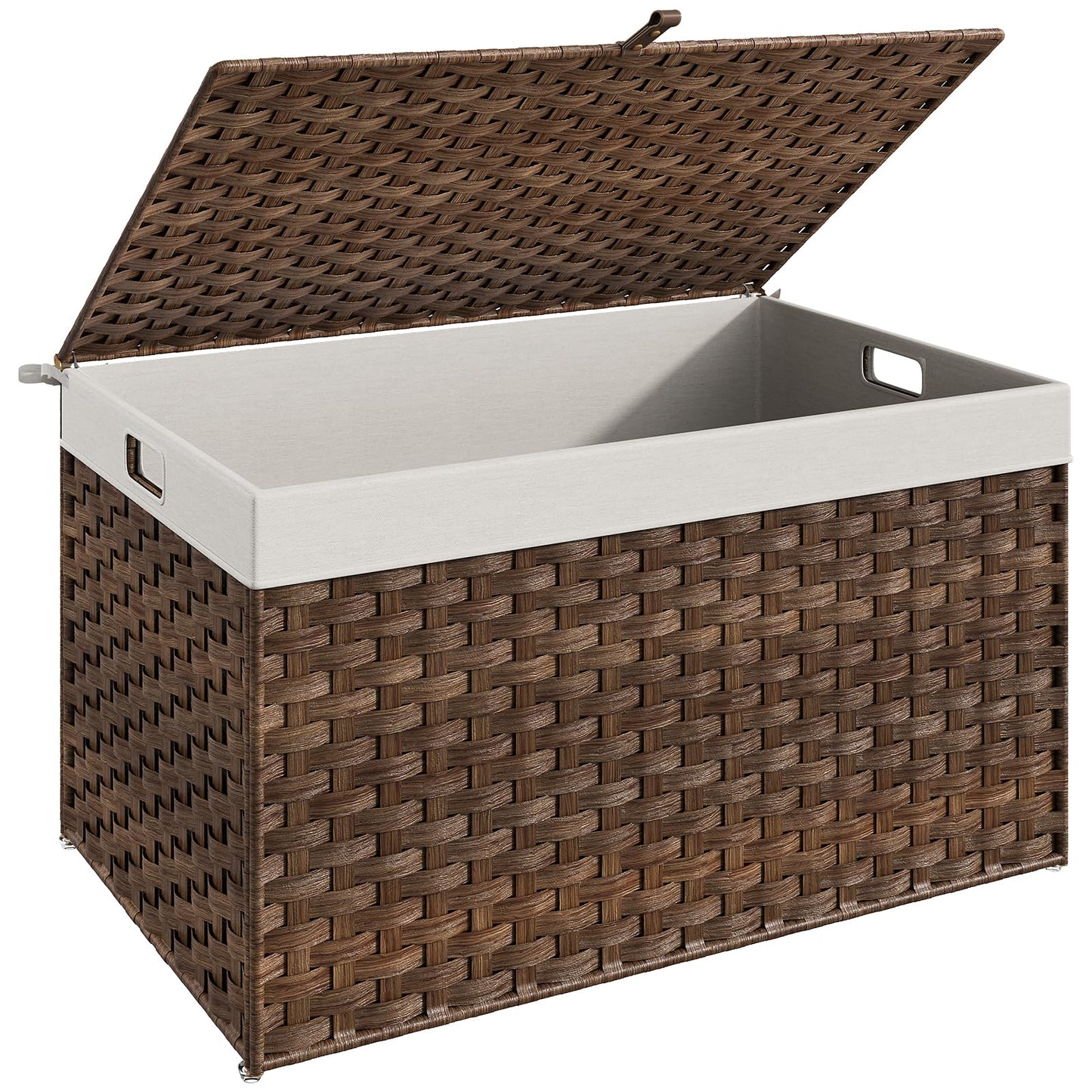 Wicker storage box with a white interior on a white background