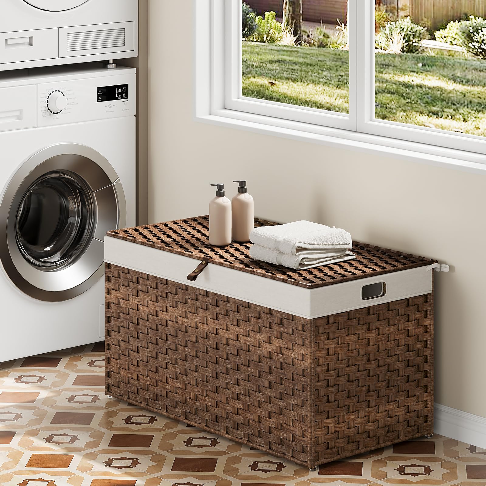 Wicker storage basket with folded towels in a laundry room.