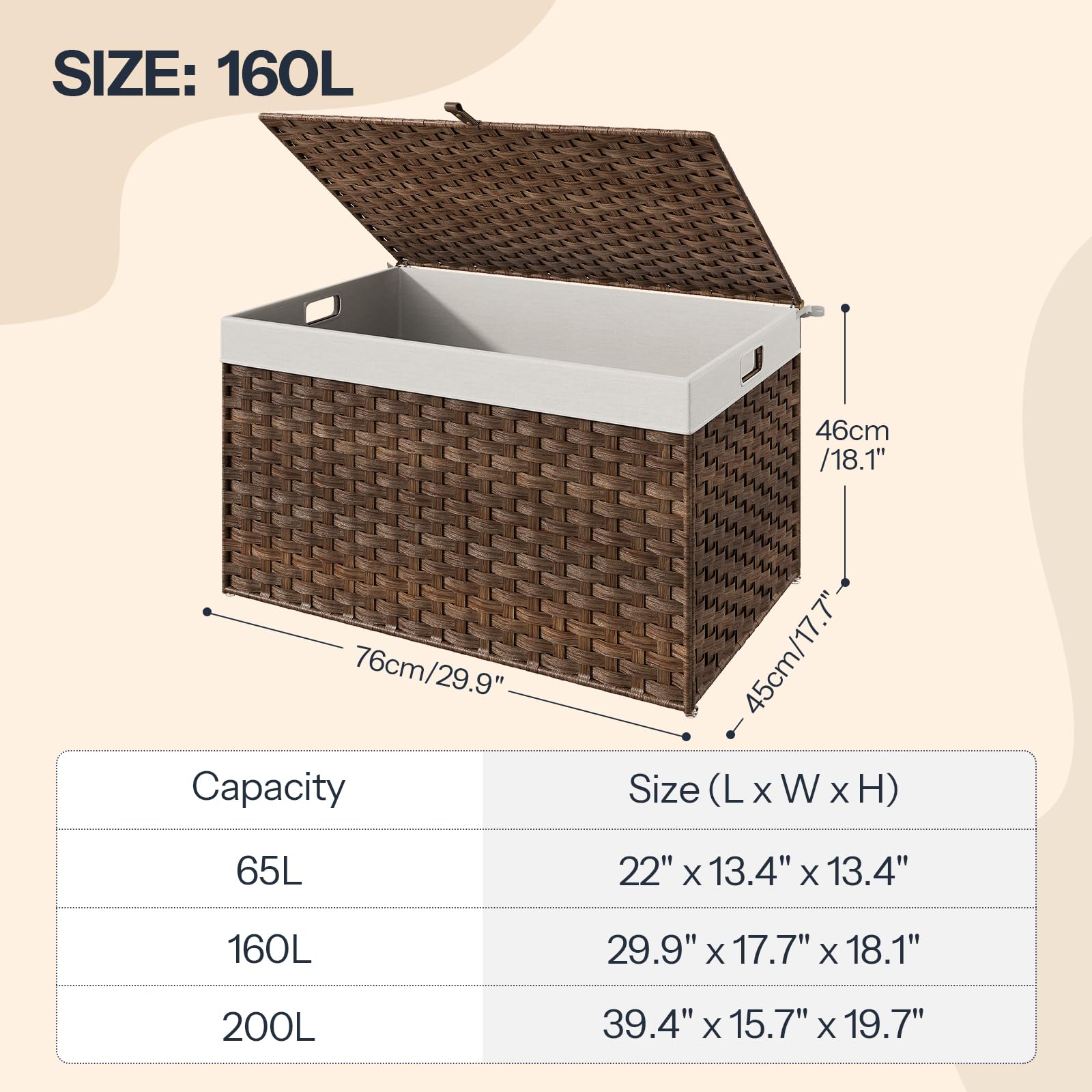 Wicker storage box with dimensions and capacity details on a beige background