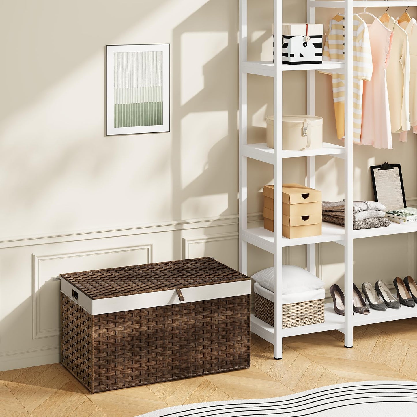 Brown woven storage box on a wooden floor with a white shelf unit in the background.