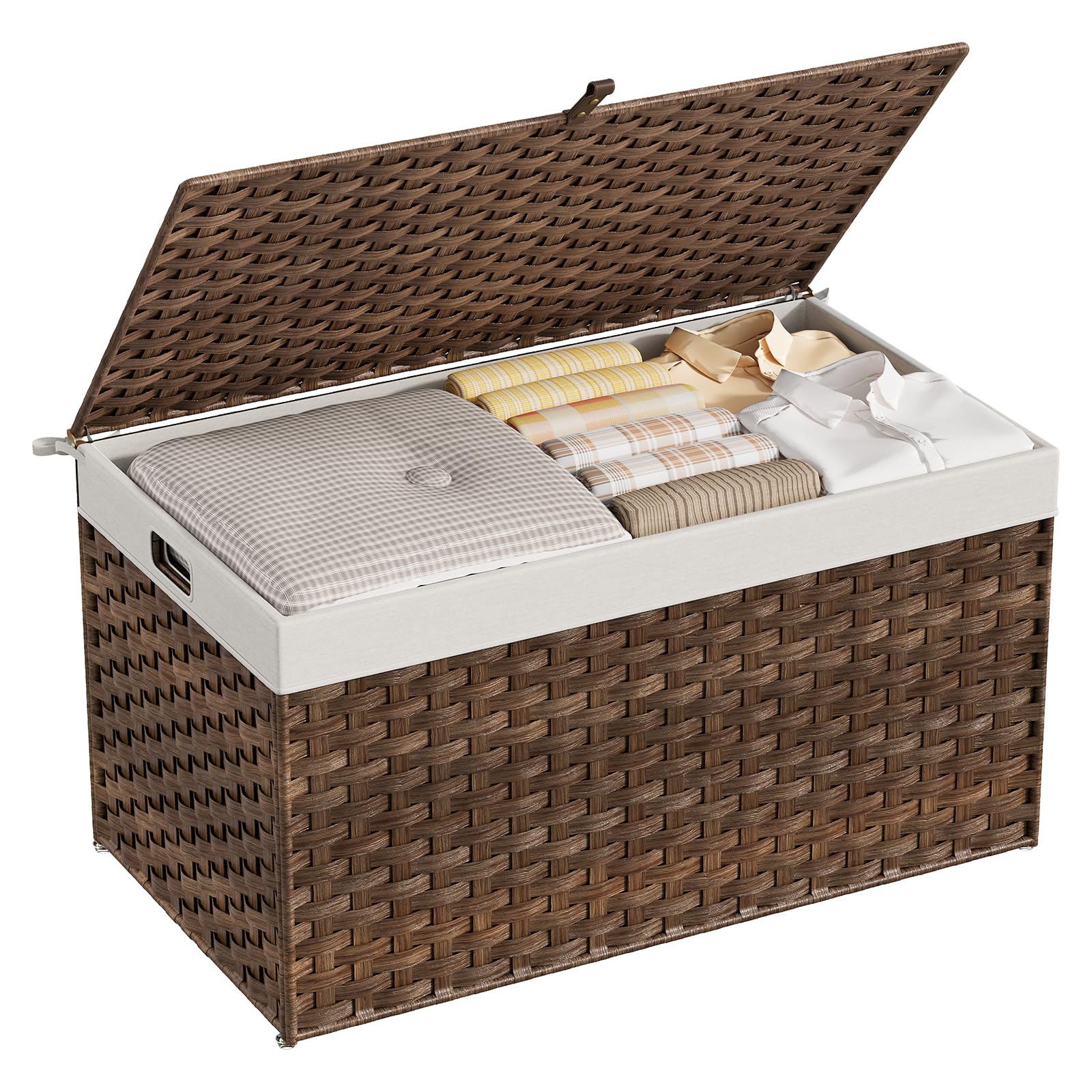 Wicker storage chest with white interior containing folded clothes on a white background
