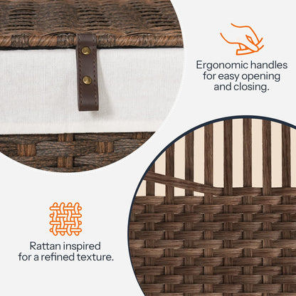 Basket with rattan handle and textured surface, highlighting ergonomic handles and rattan design.