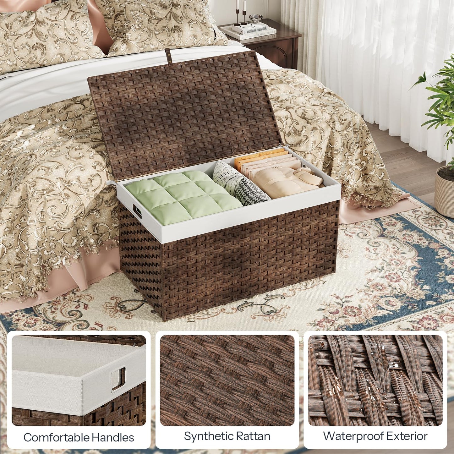 Wicker storage basket with white interior on a bed in a bedroom setting