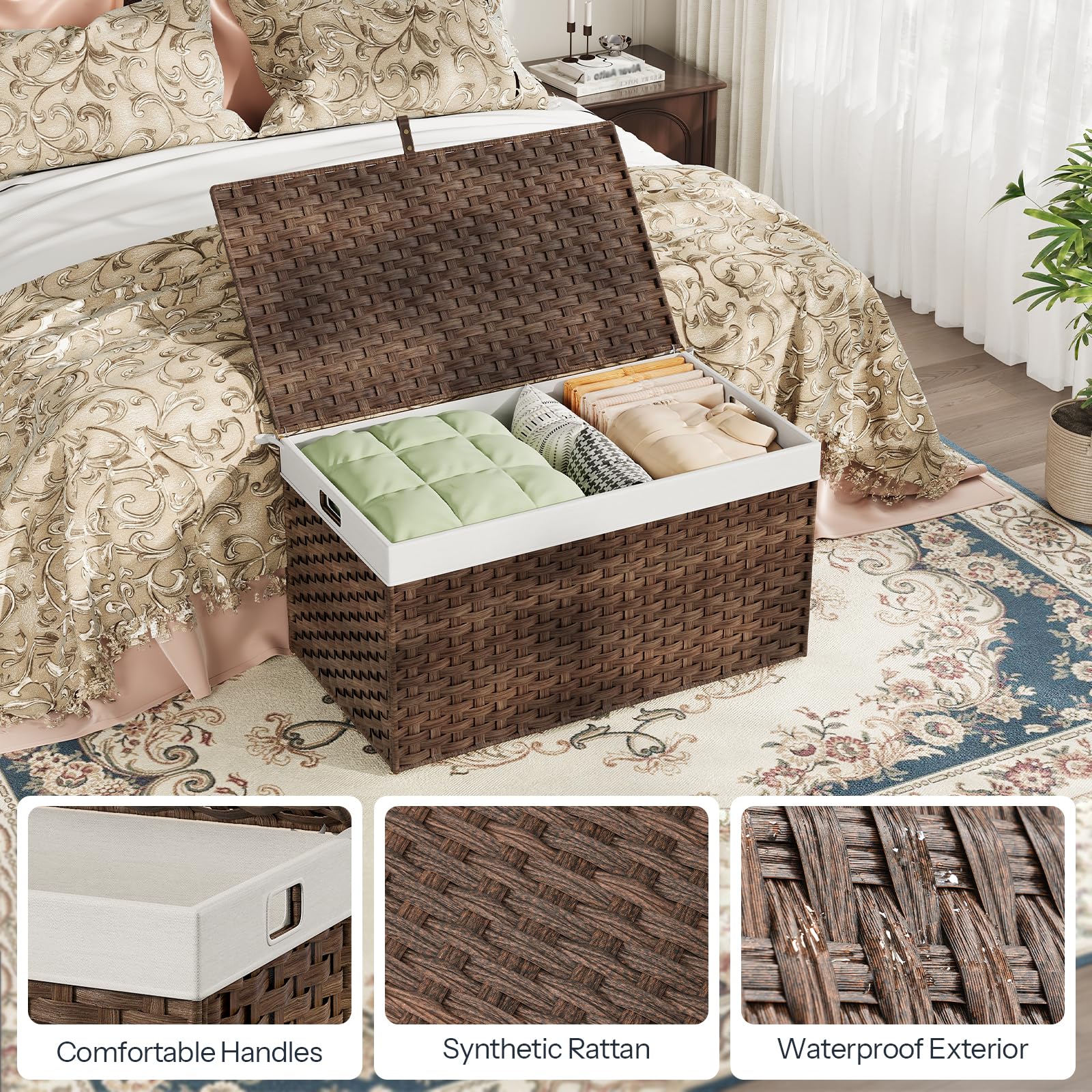 Wicker storage basket with white interior on a bed in a bedroom setting
