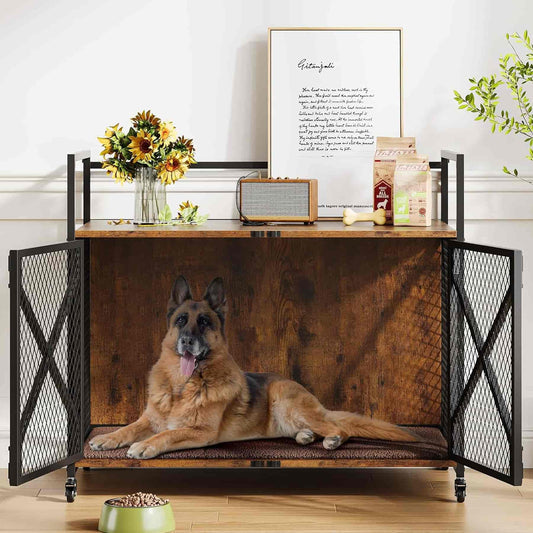 Dog lying in a wooden crate with metal bars, surrounded by decor items on a shelf.