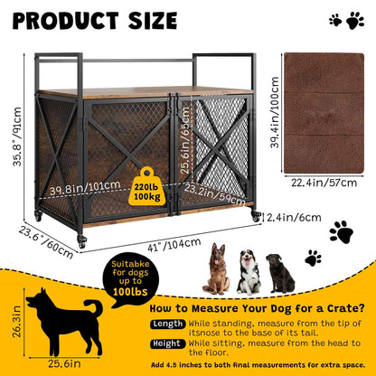 Measurement chart for a pet crate with dimensions and weight capacity, featuring images of dogs.