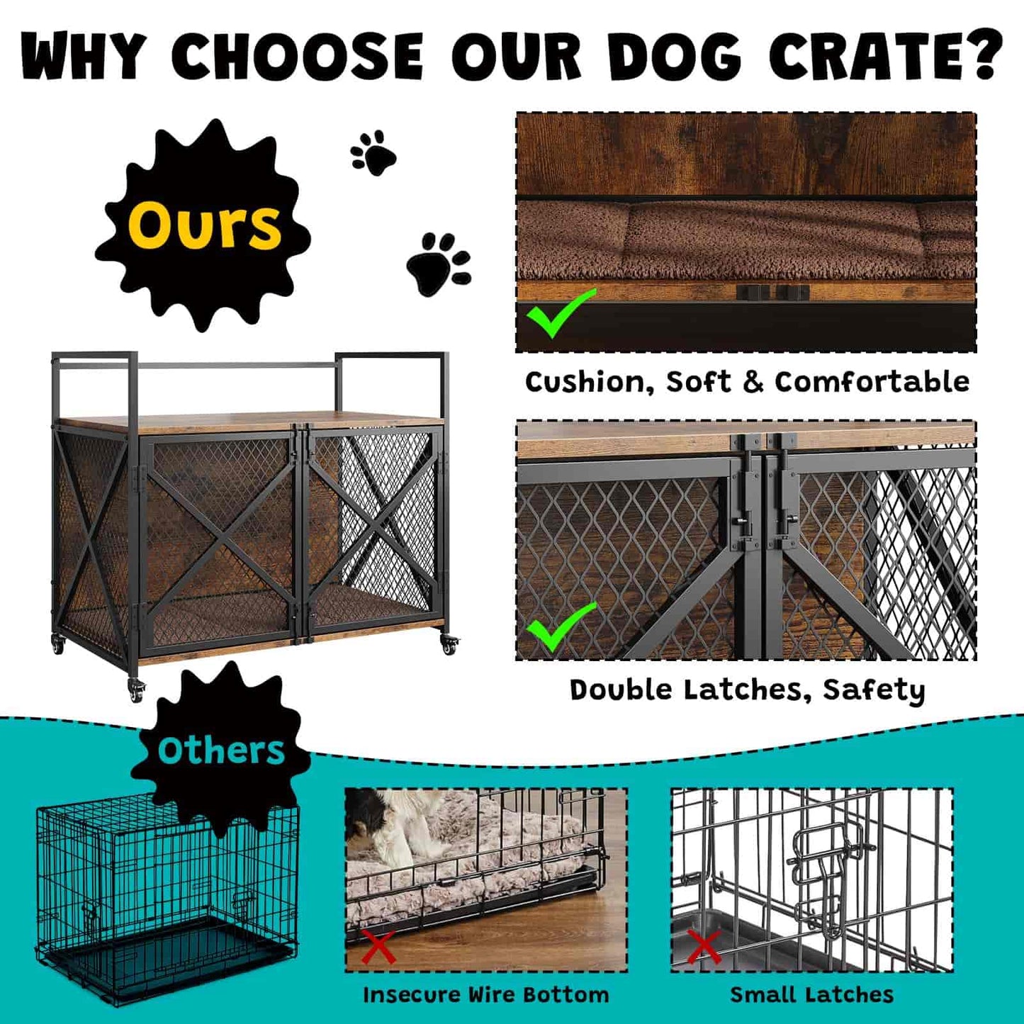 Dog crate advertisement highlighting features like cushion, double latches, and wire bottom comparison.