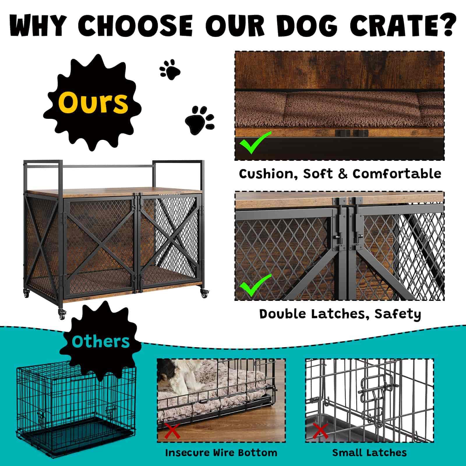 Dog crate advertisement highlighting features like cushion, double latches, and wire bottom comparison.