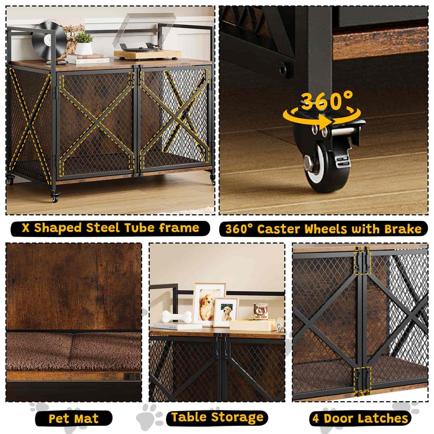 Collage of a pet crate with features highlighted, including X-shaped steel tube frame, 360-degree caster wheels, pet mat, table storage, and 4-door latches.
