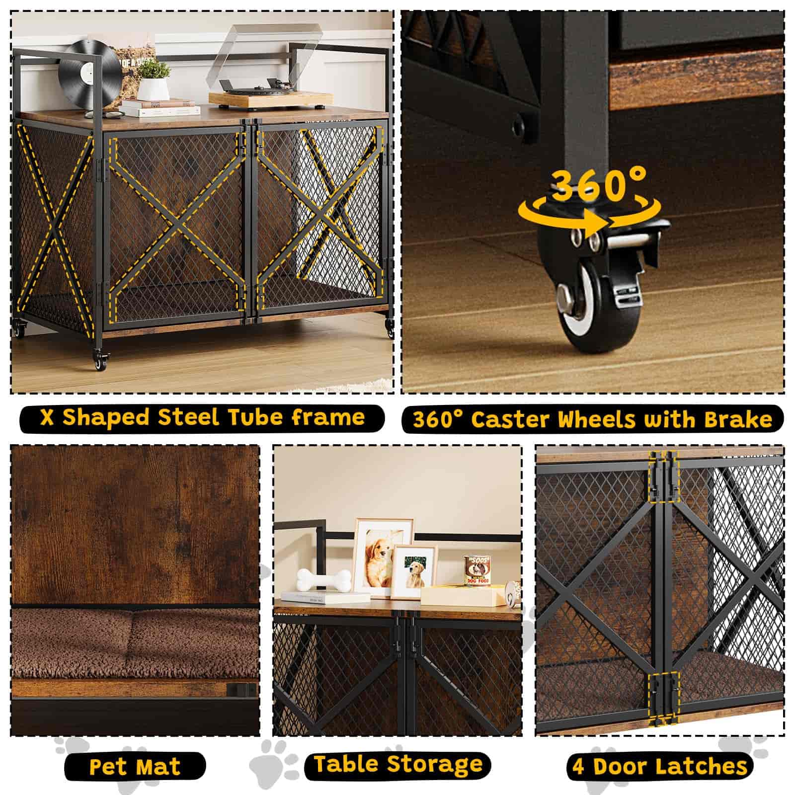 Collage of a pet crate with features highlighted, including X-shaped steel tube frame, 360-degree caster wheels, pet mat, table storage, and 4-door latches.