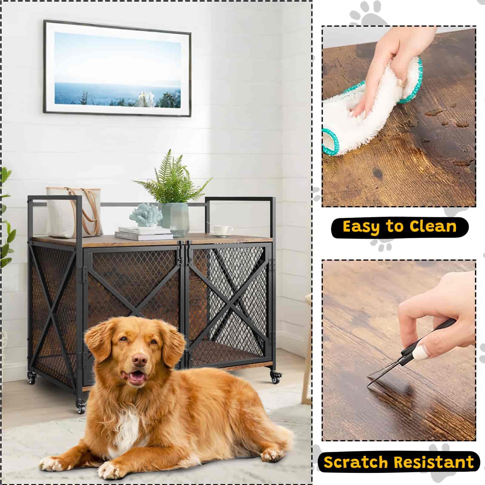 Dog sitting on a wooden floor next to a metal pet gate, with close-up shots of cleaning and scratch-resistant features.