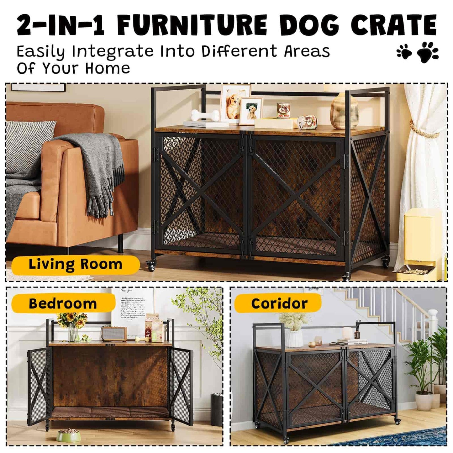 2-in-1 furniture dog crate shown in living room, bedroom, and corridor settings.