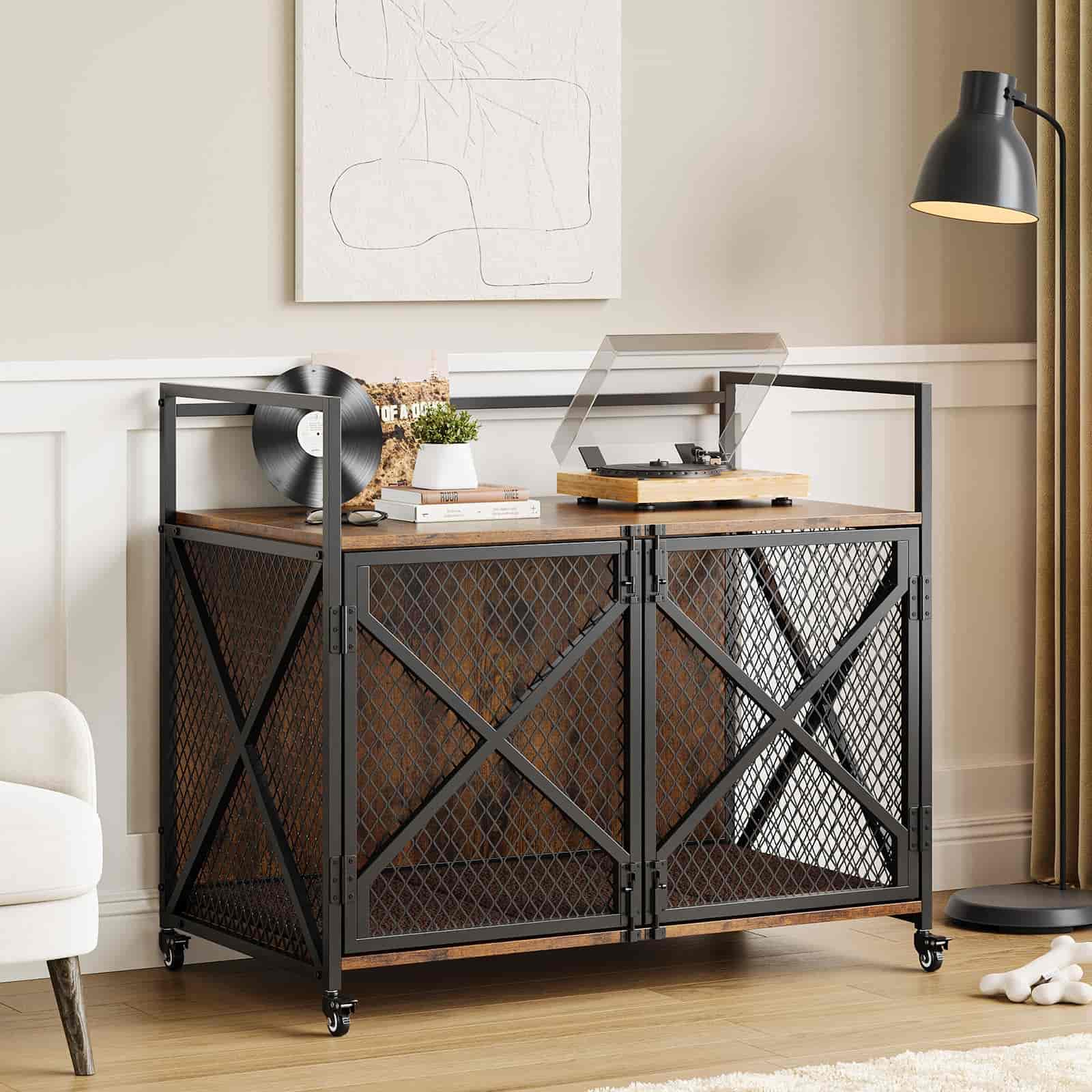 Modern console table with metal mesh design in a living room setting
