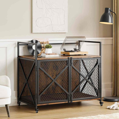 Modern console table with metal mesh design in a living room setting