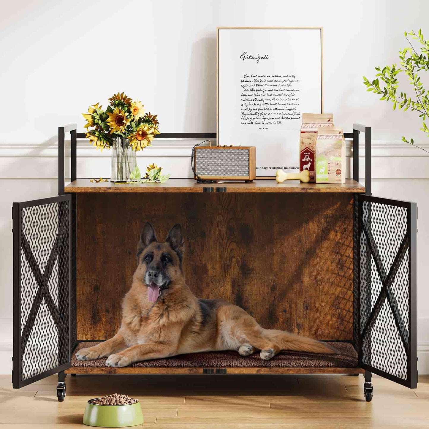 Dog lying in a wooden pet crate with metal bars, surrounded by decorative items in a room.