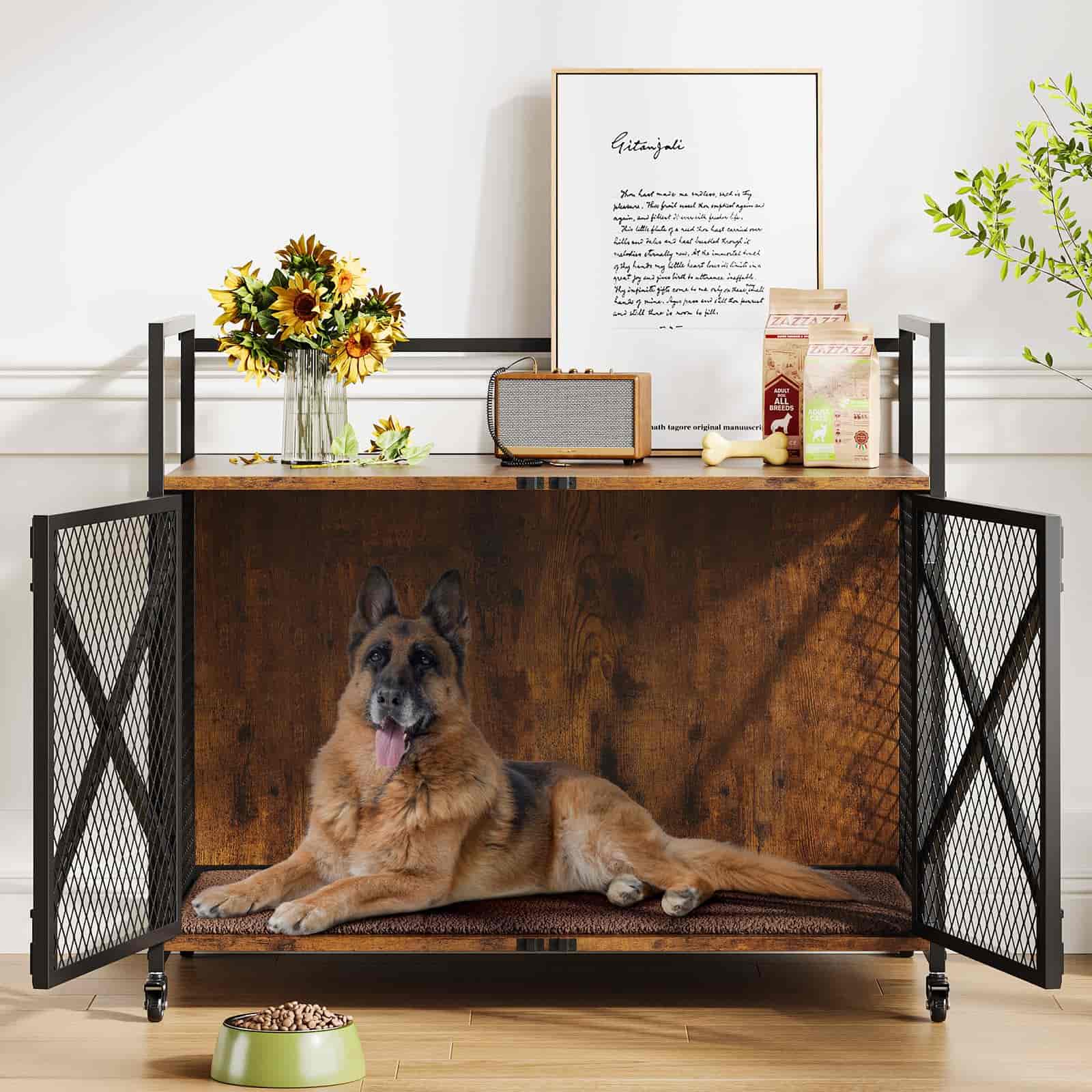 Dog lying in a wooden pet crate with metal bars, surrounded by decorative items in a room.