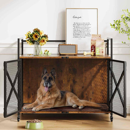 Dog lying in a wooden pet crate with metal bars, surrounded by decorative items in a room.