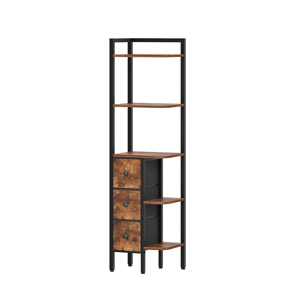 HOOBRO Corner Shelf Stand, 5-Tier Corner Bookshelf with 3 Drawers, Wooden Small Bookcase, Rustic Brown and Black