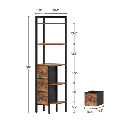 HOOBRO Corner Shelf Stand, 5-Tier Corner Bookshelf with 3 Drawers, Wooden Small Bookcase, Rustic Brown and Black