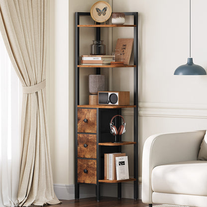 HOOBRO Corner Shelf Stand, 5-Tier Corner Bookshelf with 3 Drawers, Wooden Small Bookcase, Rustic Brown and Black