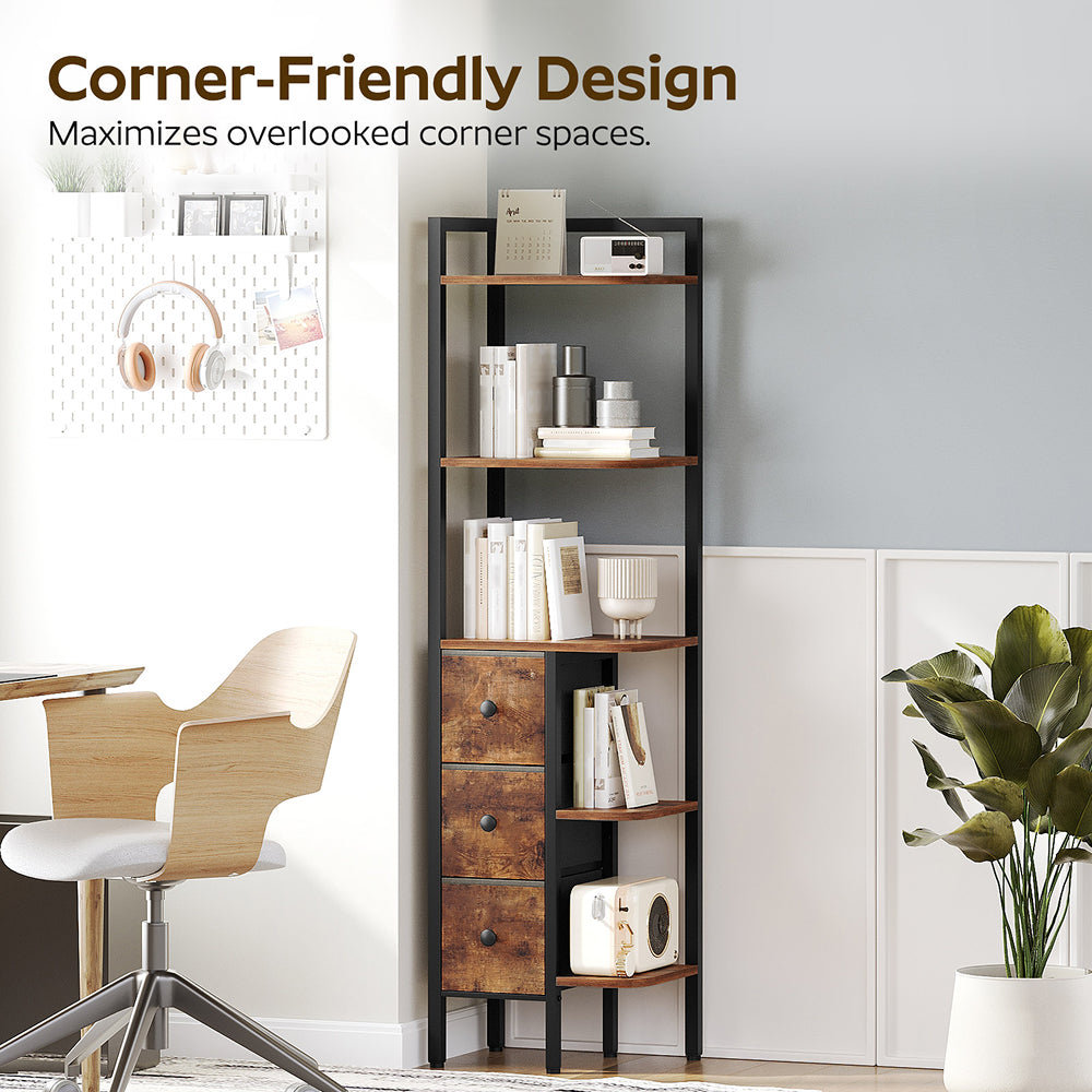 HOOBRO Corner Shelf Stand, 5-Tier Corner Bookshelf with 3 Drawers, Wooden Small Bookcase, Rustic Brown and Black