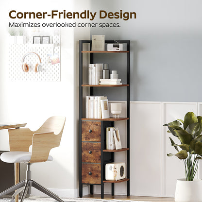 HOOBRO Corner Shelf Stand, 5-Tier Corner Bookshelf with 3 Drawers, Wooden Small Bookcase, Rustic Brown and Black