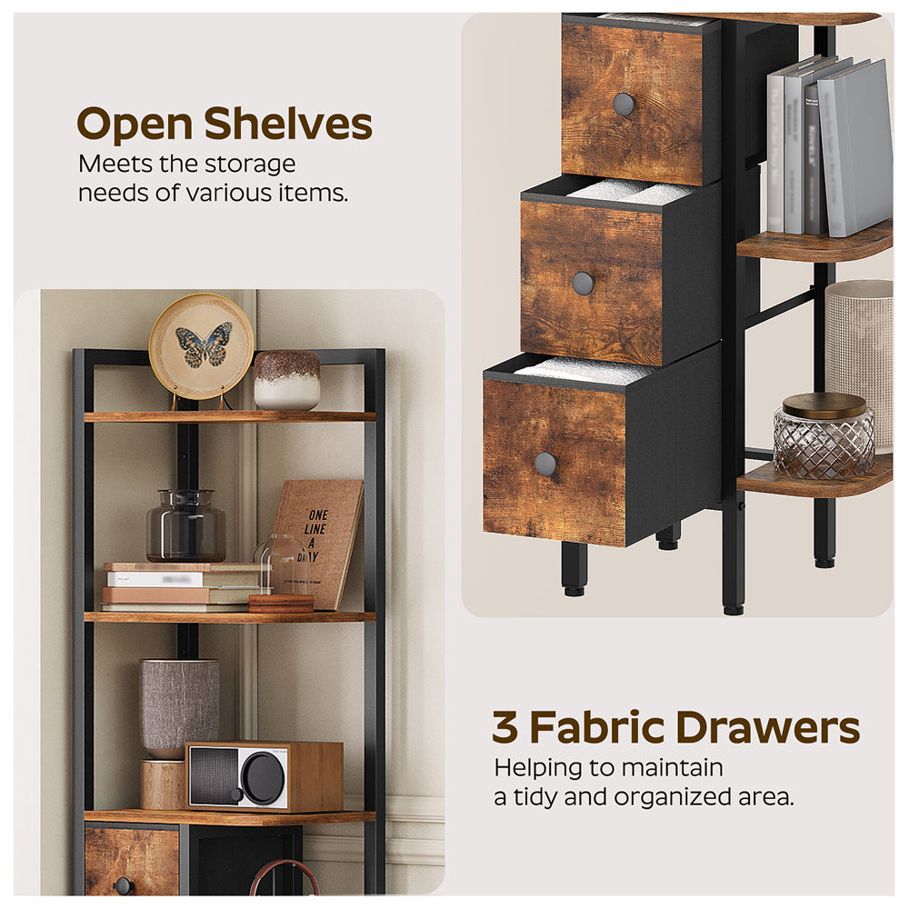 HOOBRO Corner Shelf Stand, 5-Tier Corner Bookshelf with 3 Drawers, Wooden Small Bookcase, Rustic Brown and Black