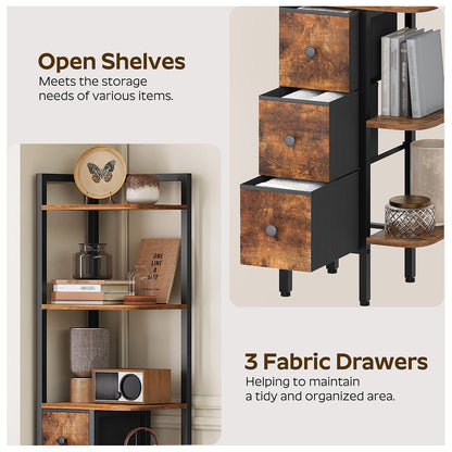 HOOBRO Corner Shelf Stand, 5-Tier Corner Bookshelf with 3 Drawers, Wooden Small Bookcase, Rustic Brown and Black