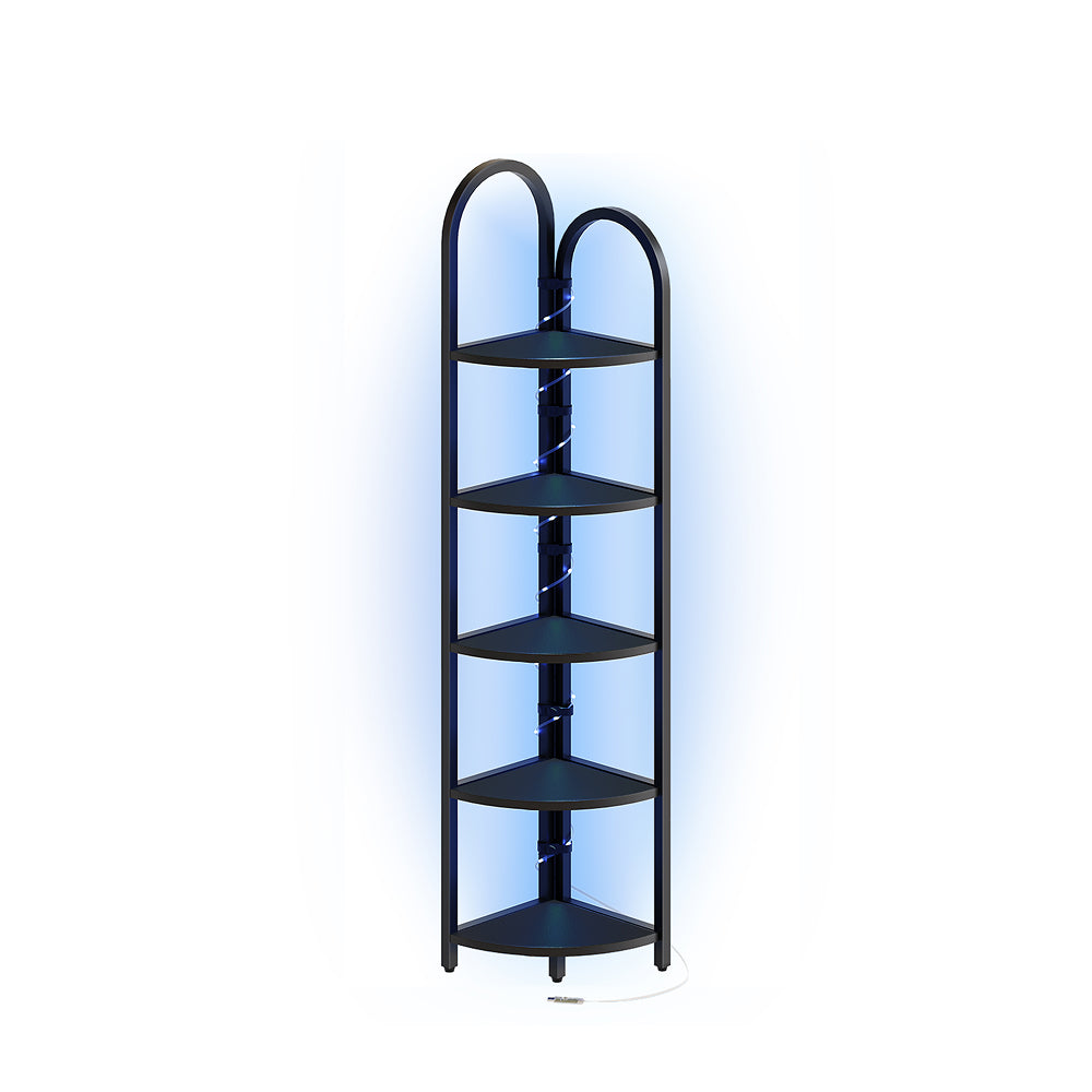 HOOBRO 5-Tier Corner Shelf with LED Light,Narrow Storage Shelf with Metal Frame, for Living Room, Bedroom, Small Spaces, Black