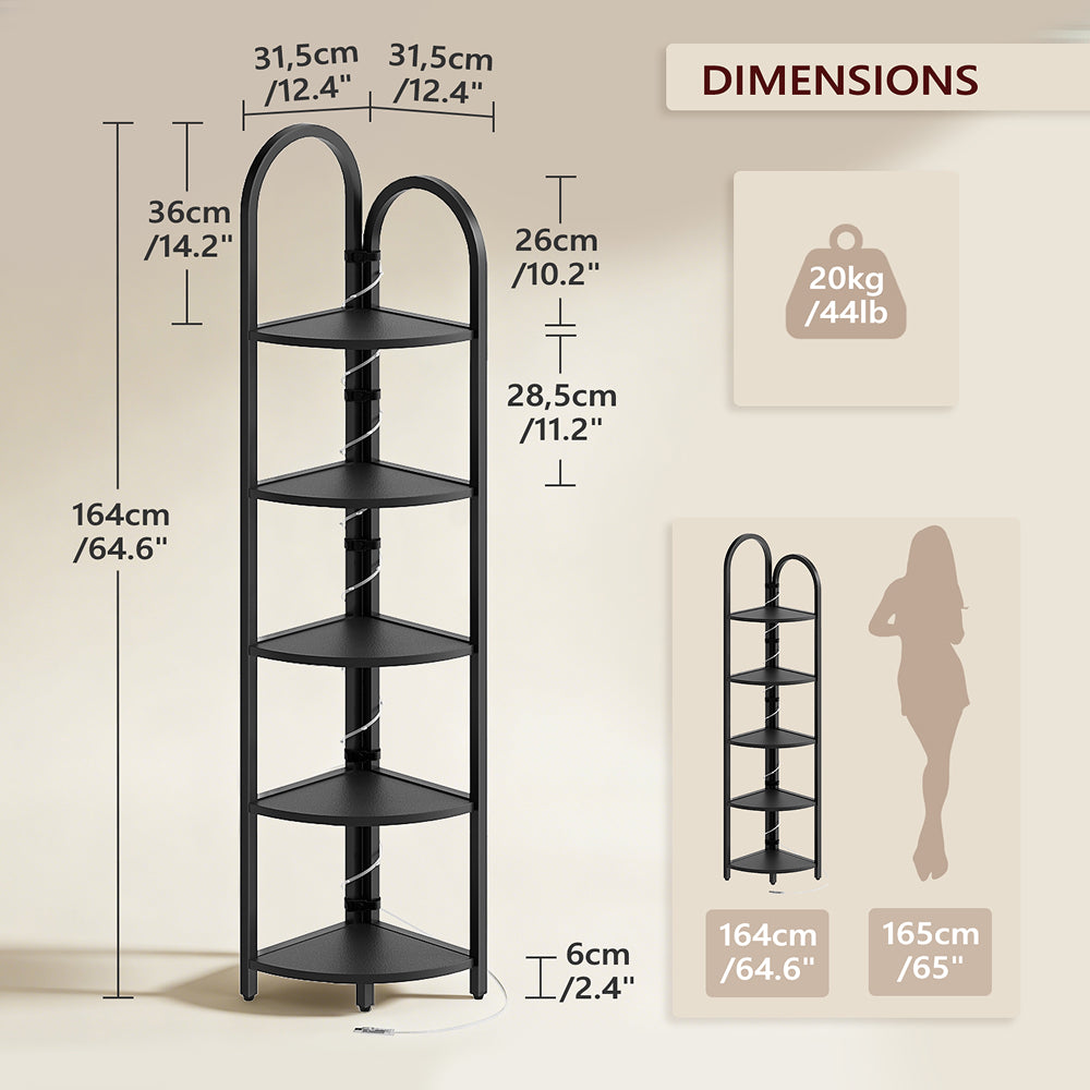 HOOBRO 5-Tier Corner Shelf with LED Light,Narrow Storage Shelf with Metal Frame, for Living Room, Bedroom, Small Spaces, Black