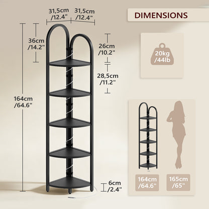 HOOBRO 5-Tier Corner Shelf with LED Light,Narrow Storage Shelf with Metal Frame, for Living Room, Bedroom, Small Spaces, Black
