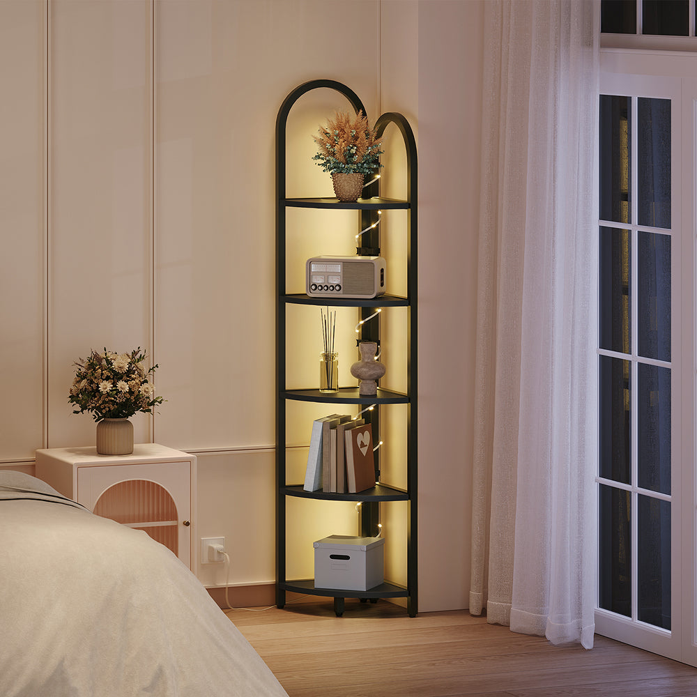 HOOBRO 5-Tier Corner Shelf with LED Light,Narrow Storage Shelf with Metal Frame, for Living Room, Bedroom, Small Spaces, Black