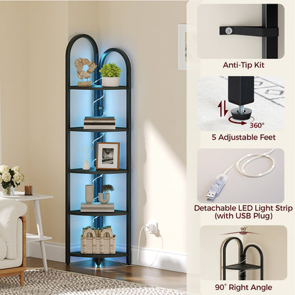 HOOBRO 5-Tier Corner Shelf with LED Light,Narrow Storage Shelf with Metal Frame, for Living Room, Bedroom, Small Spaces, Black