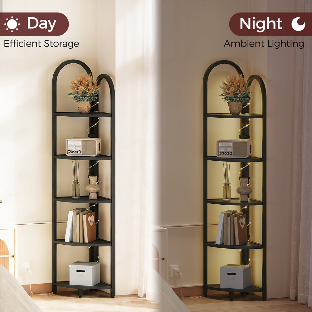 HOOBRO 5-Tier Corner Shelf with LED Light,Narrow Storage Shelf with Metal Frame, for Living Room, Bedroom, Small Spaces, Black