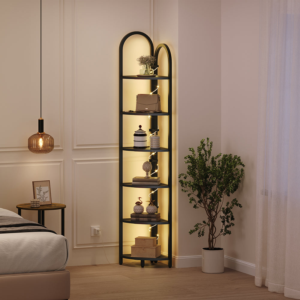 HOOBRO 6 Tier Corner Shelf with LED Light, Narrow Display Bookcase with Storage Rack for Wall Corner, Living Room, Bedroom, Home Office, Black