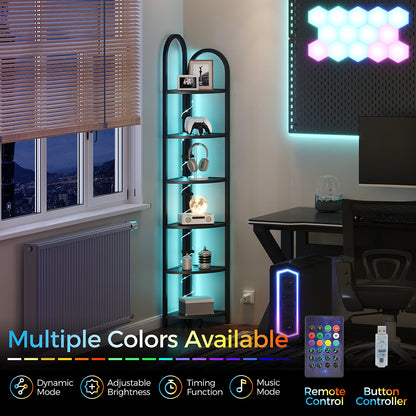 HOOBRO 6 Tier Corner Shelf with LED Light, Narrow Display Bookcase with Storage Rack for Wall Corner, Living Room, Bedroom, Home Office, Black